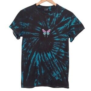 Gildan Black & Blue Tie-Dye Embroidered Butterfly Cotton T-Shirt Size Small
